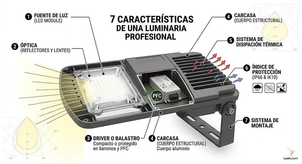 Significado de luminaria técnica y componentes