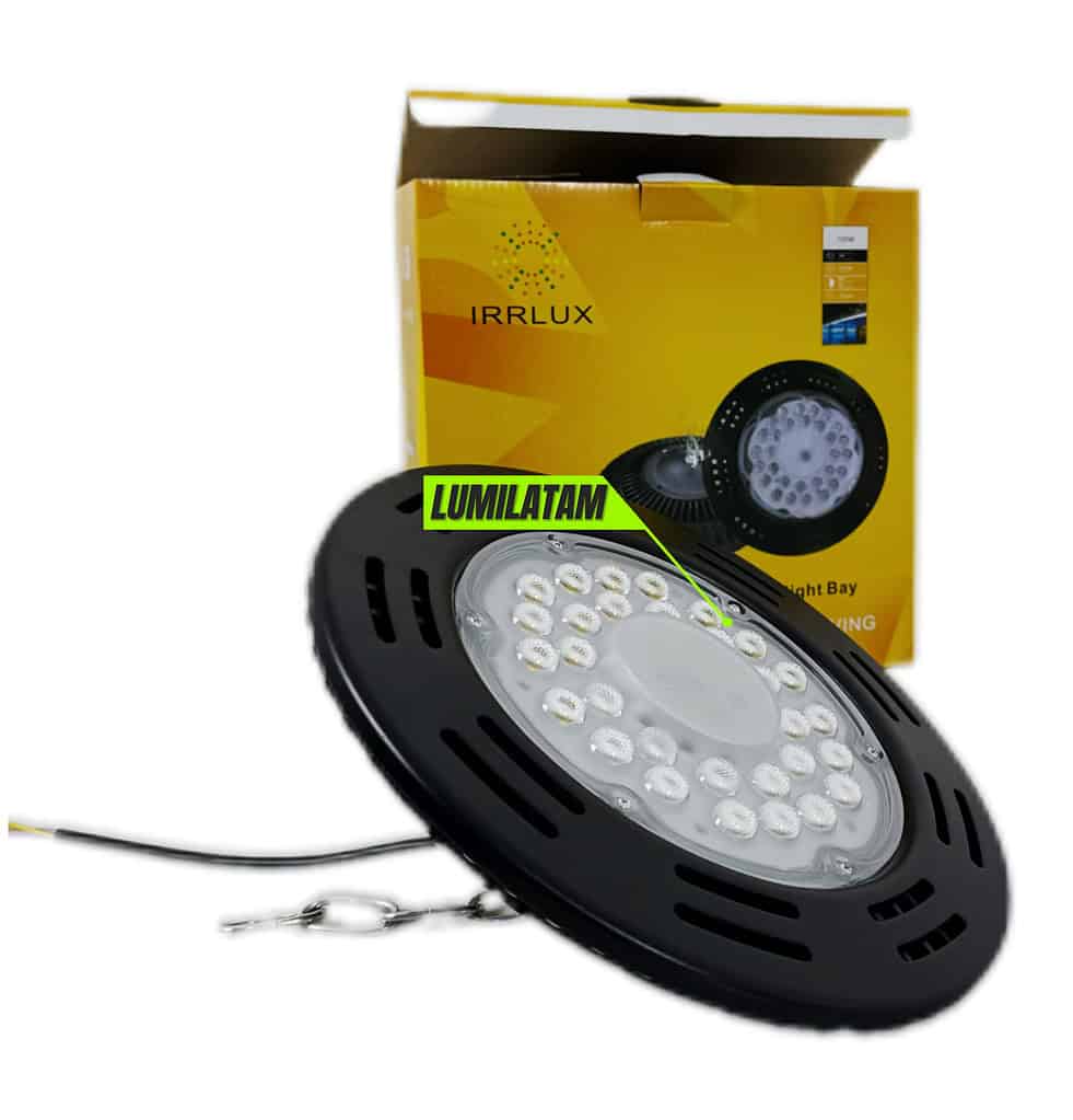 High bay LED de 100W con luz neutra 4000K, diseño circular para iluminación industrial y comercial