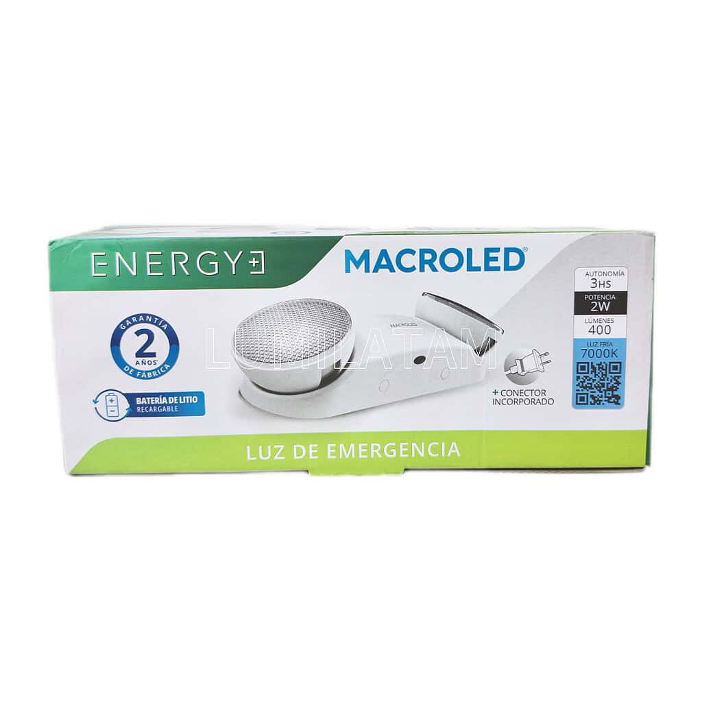 Luz de emergencia MACROLED ENERGY+ de 2W, 400 lúmenes, batería de litio recargable y autonomía de 3 horas. Un ejemplo de luminaria arquitectónica de alto rendimiento que integra diseño y eficiencia en un proyecto profesional en Lima, Perú, mostrando cómo la luz realza la arquitectura