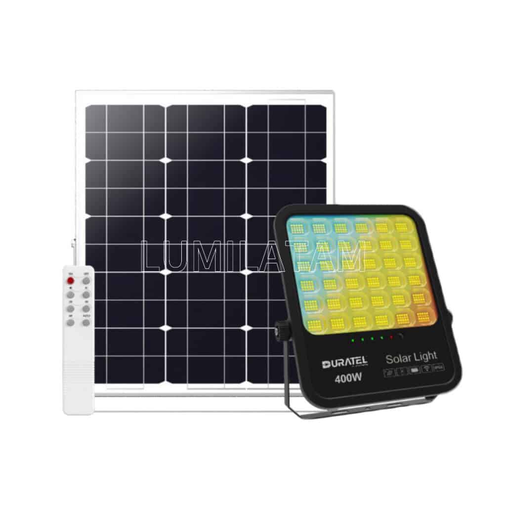 Reflector solar LED Duratel de 400W con panel solar, IP66, alta potencia para iluminación exterior eficiente. Gráfico explicativo para elegir la temperatura de color LED.