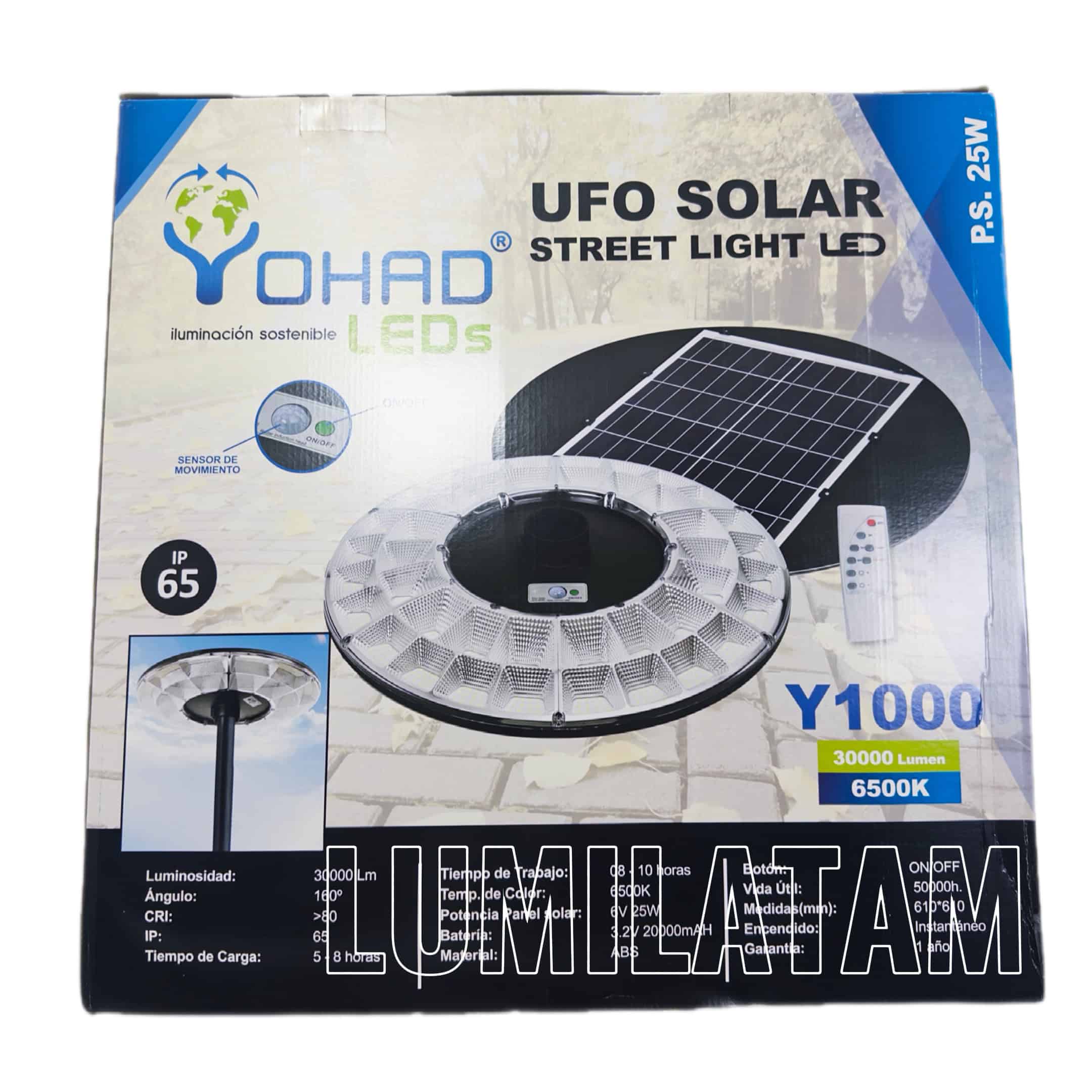 FAROLA UFO SOLAR 1000W YOHAD 2 Luminaria solar LED UFO YOHAD con sensor de movimiento, 30,000 lúmenes, IP65, luz blanca 6500K y control remoto