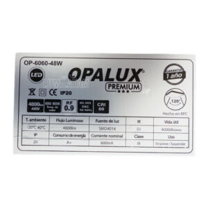 Panel LED empotrable OPALUX Premium 48W 60x60, 4800 lm, 8000K, PF 0.9, ángulo 120°, 85–265V, garantía 1 año