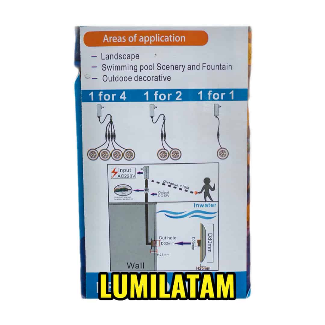 LUMINARIA PISCINA ACUATICA 12W RGB IP68 2 Mini luminaria LED acuática RGB 6W ampliable hasta 48W, foco subacuático con detalles tecnicos – LumiLatam