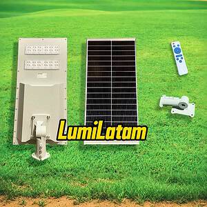 Luminaria solar profesional de 60W con panel monocristalino integrado y luz blanca de alta nitidez, ideal para la iluminación eficiente de senderos, parques y perímetros de seguridad en Perú, ofreciendo una solución autónoma compacta y de alto rendimiento con soporte ajustable de 5.5cm para una instalación versátil en exteriores