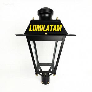 Luminaria de calle moderna con marca Lumilatam para iluminación exterior.
