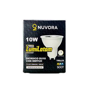 Transforma la iluminación de tus proyectos con la máxima flexibilidad que ofrece el Dicroico LED Nuvora de 10W, disponible exclusivamente en LumiLatam.com. Esta innovadora lámpara GU10 destaca por su tecnología 3CCT (Trilux), la cual permite alternar entre tres temperaturas de color mediante un switch integrado, adaptándose instantáneamente a cualquier ambiente o necesidad decorativa