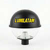 Luminaria decorativa con logo Lumilatam, ideal para iluminación exterior y eventos.