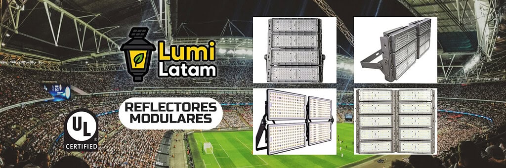 Increíble Reflectores Modulares con chasis de aluminio puro para máxima disipación. Un diagrama técnico detallado que ilustra las características de una luminaria profesional, incluyendo su fuente de luz LED, driver y óptica.